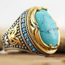 Bohemian Large Oval Natural Stone Rings for Women Men Vintage Dual Color Blue Beads Turquoises Finger Rings Party Jewelry